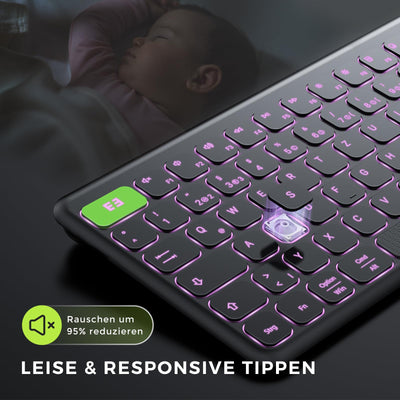 seenda Tastatur kabellos beleuchtet, USB & Bluetooth Tastatur mit 7 Farben Hintergrundbeleuchtung, Wiederaufladbare Leise Funktastatur für PC, Laptop, MacBook,Tablet, QWERTZ Layout(Schwarz)