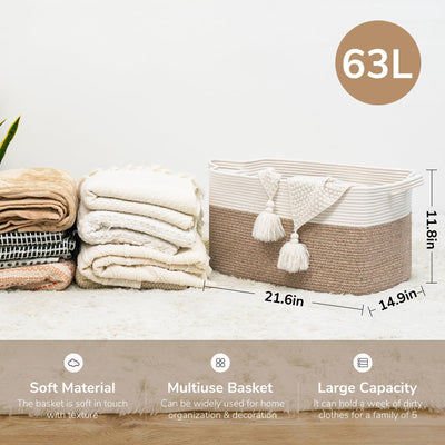 TIMEYARD Wäschekorb, Korb Aufbewahrung, Faltbarer Wäschekorb, Aufbewahrungskorb für Baby Spielzeug, Square Laundry Baskets, Korb Aufbewahrung für Decken, kissen, Gästehandtuchkorb, 65L, Weiß und Braun