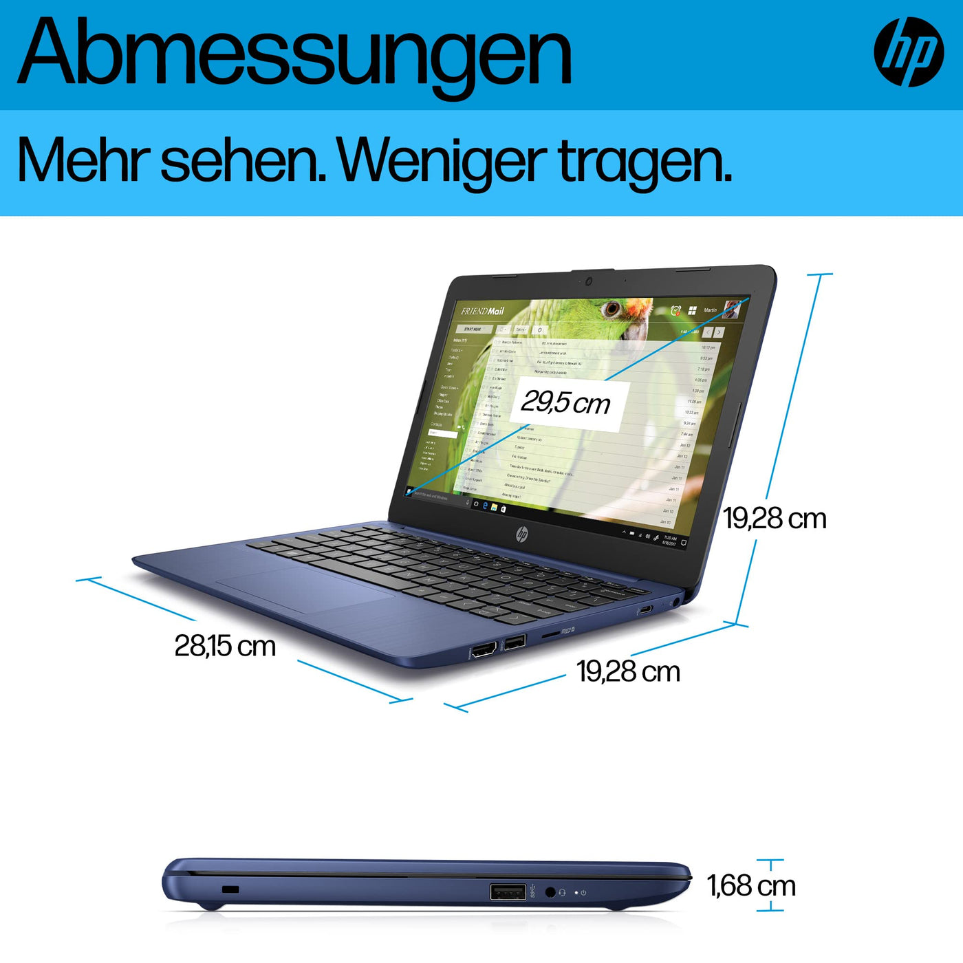 HP Stream Laptop 11,6 Zoll HD Display, Intel Celeron N4120, 4GB DDR4 RAM, 64GB eMMC, Intel Grafik, Windows 11 S-Mode, QWERTZ Tastatur, Blau, inkl. Microsoft Office 365 Single