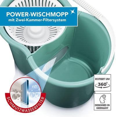CLEANmaxx Power-Wischmopp mit Zwei-Kammer-Filtersystem | Designed in Deutschland - Schmutzwasser wird gefiltert, leichtes Auswringen für streifenfreie Sauberkeit | Ideal für Laminat, Parkett & Fliesen