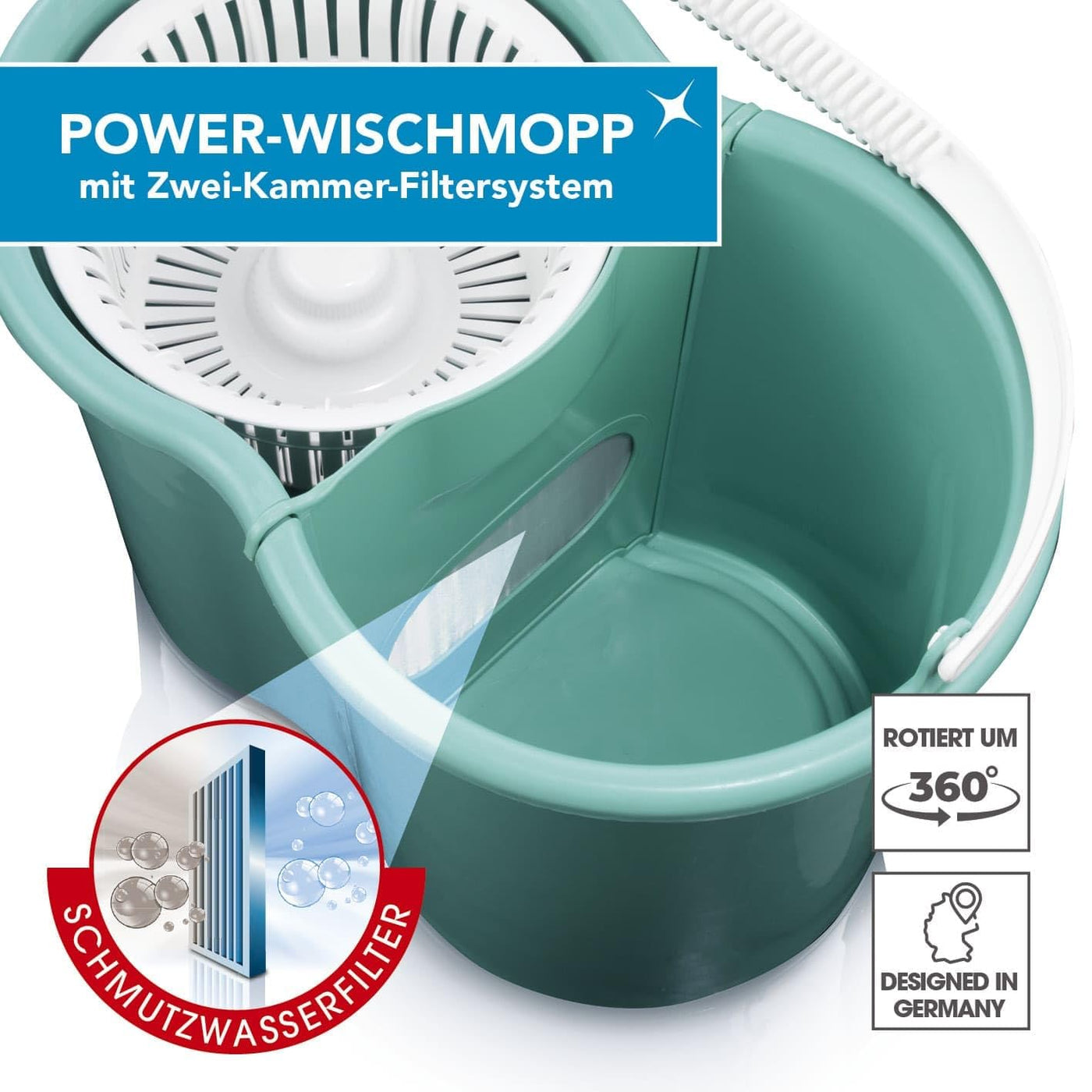CLEANmaxx Power-Wischmopp mit Zwei-Kammer-Filtersystem | Designed in Deutschland - Schmutzwasser wird gefiltert, leichtes Auswringen für streifenfreie Sauberkeit | Ideal für Laminat, Parkett & Fliesen