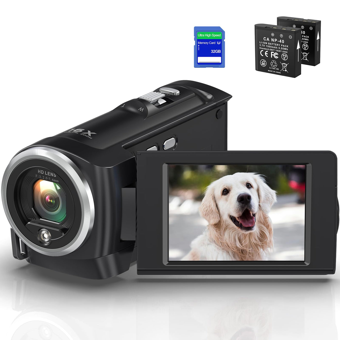 Videokamera 2.7K Camcorder 56MP 16X Digitalzoom Vlogging Camera mit LED-Fülllicht für YouTube, 2.8" LCD Bildschirm Camcorder mit 32 GB SD-Karte, 2 Batterien