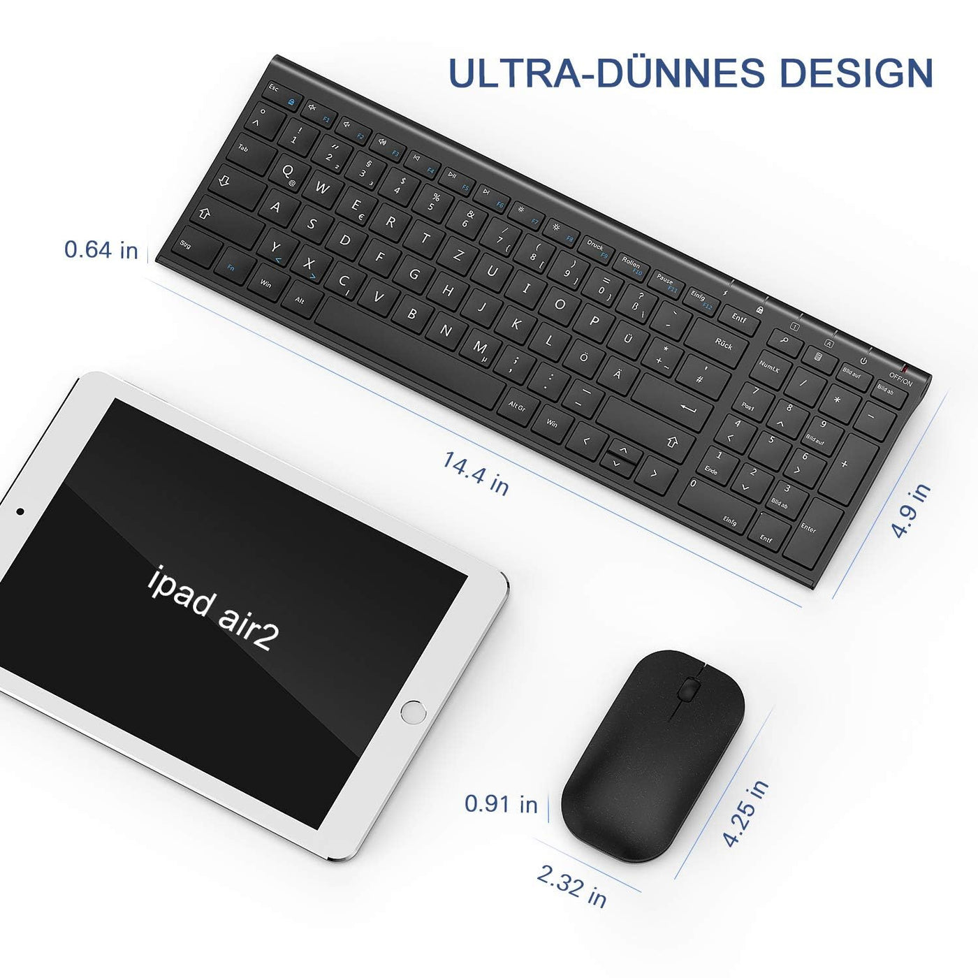seenda Tastatur Maus Set Kabellos, Wiederaufladbare Aluminium Tastatur mit kompaktes Design, Ultradünne und Leise Funktastatur mit Maus für PC/Laptop/Smart TV, QWERTZ Layout, Schwarz