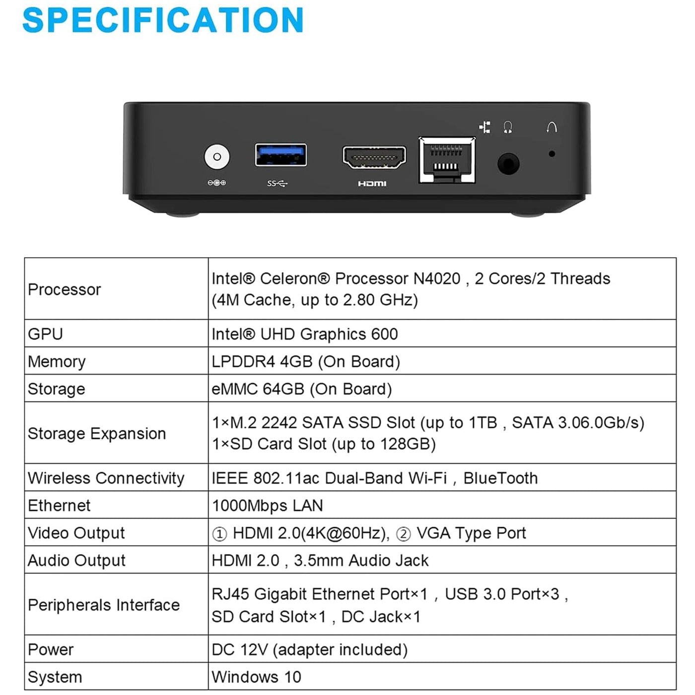 Mini-PC Intel Celeron N4020 (nur 2,8 GHz), DDR4 4 GB/64 GB eMMC, Intel UHD Graphics 600, Mini-Computer ohne Lüfter 4k@60Hz HDMI&VGA, USB3.0, Wi-FI 2.4/5.8G, BT4.2
