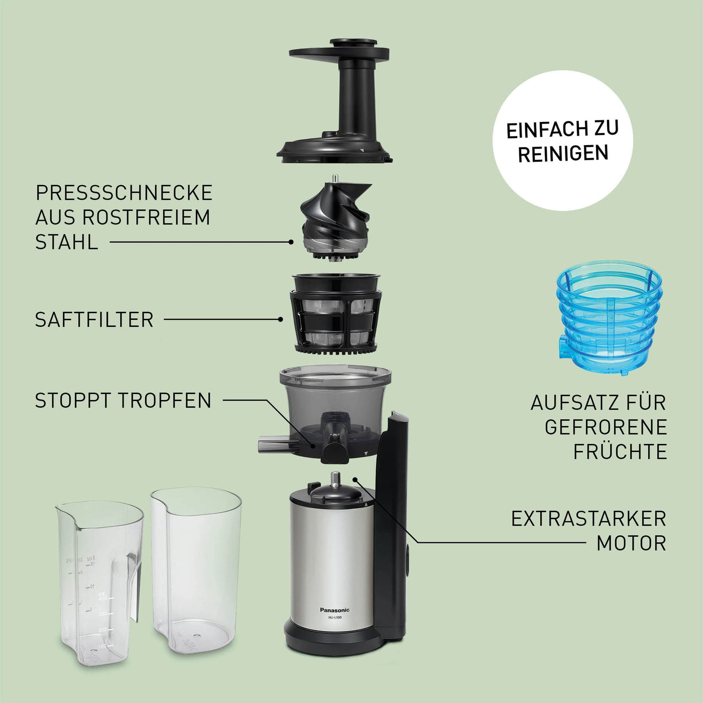Panasonic MJ-L500S Slow Juicer / Entsafter / 2 Einsätze für Säfte & tiefgefrorene Zutaten / Frozen Joghurt / Silber