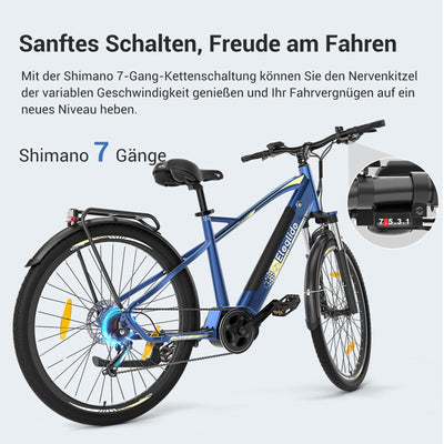 Eleglide C1/C1 ST E Bike mit Mittelmotor, 27,5 Zoll 70 Nm Elektrofahrrad für Damen und Herren, 250W E-Bike, 14,5 Ah Lithium-Akku, Shimano 7 Gänge Trekking Ebike, cityräder 25km/h bis zu 150KM (C1)