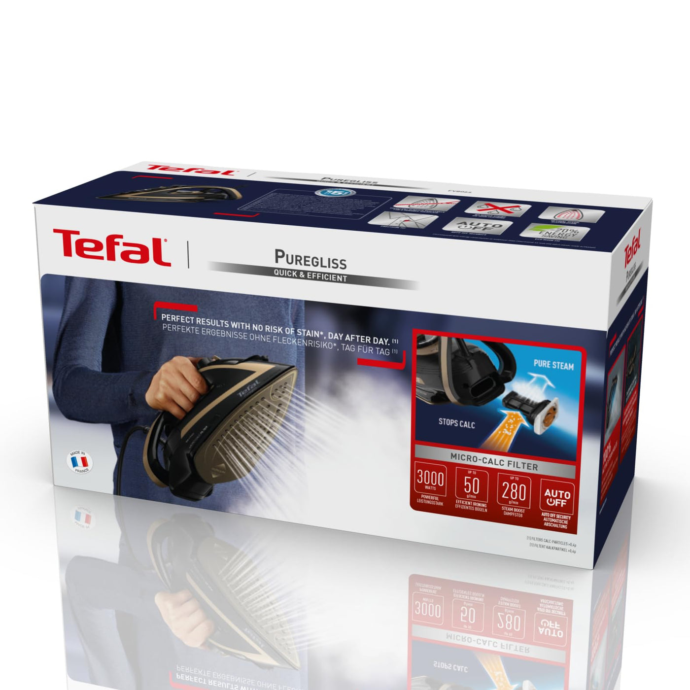 Tefal Puregliss Dampfbügeleisen, 3000 Watt, 280 g/Min. Dampfstoß, 0-50 g/Min. variabler Dampf, Vertikaldampf, Durilium AirGlide Autoclean Bügelsohle, Micro-Calc-Filter, schwarz/gold, FV8064