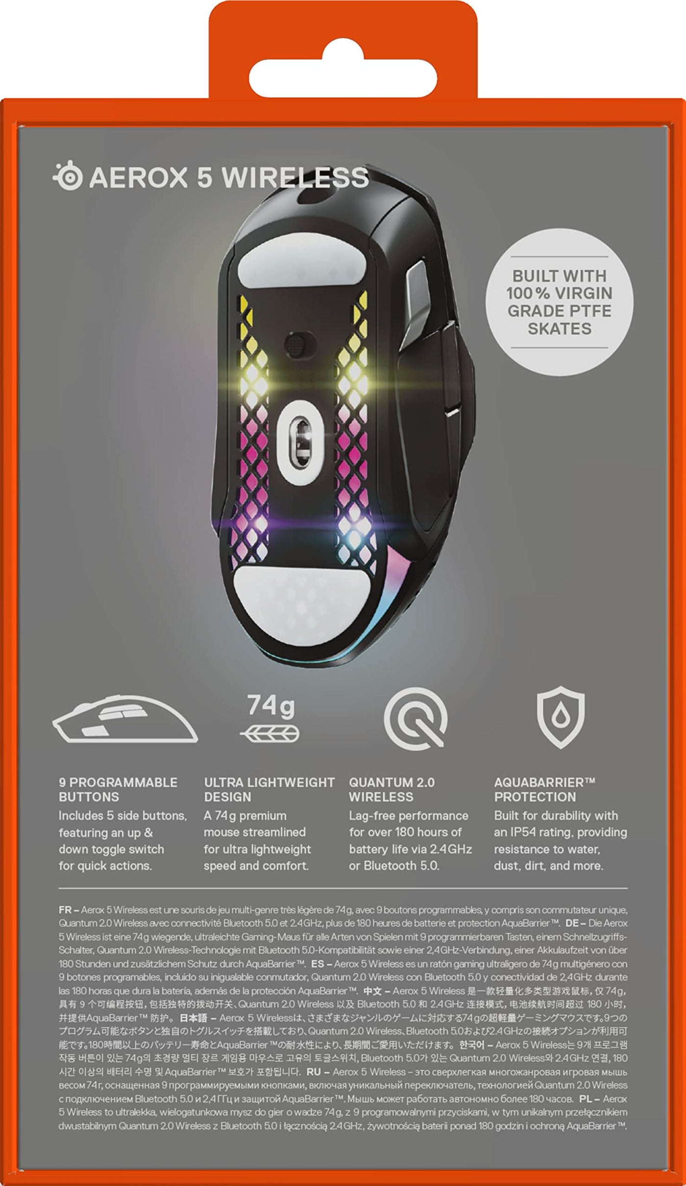 SteelSeries Aerox 5 Wireless – RGB Gaming-Mouse mit Öffnungen in der Oberfläche – Federleichtes, wasserabweisendes Design – 9 Tasten – Bluetooth/2,4 GHz – Optischer TrueMove Air-Sensor mit 18.000 DPI