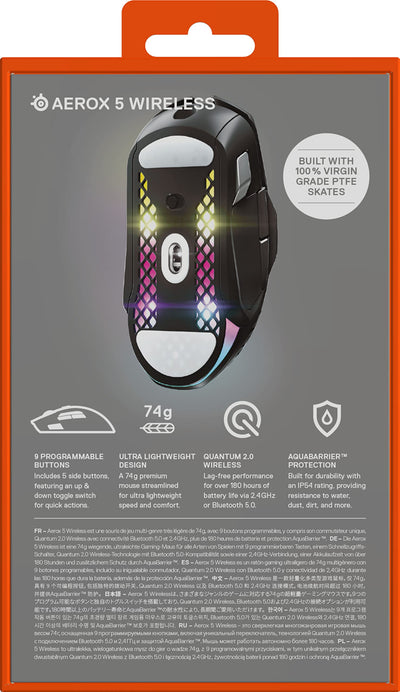 SteelSeries Aerox 5 Wireless – RGB Gaming-Mouse mit Öffnungen in der Oberfläche – Federleichtes, wasserabweisendes Design – 9 Tasten – Bluetooth/2,4 GHz – Optischer TrueMove Air-Sensor mit 18.000 DPI