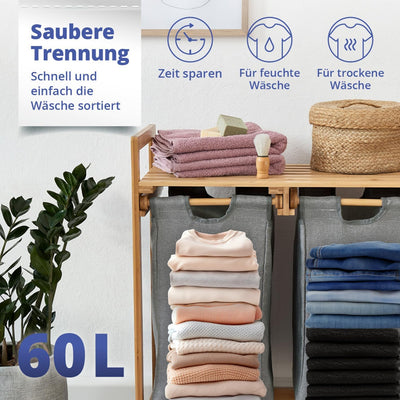 Lumaland Wäschekorb Bambus mit 2 ausziehbaren Wäschesäcken | Pflegeleichtes Material, unempfindlich gegen Nässe und leicht abwischbar | Höhe ca. 73cm x 64cm Breite x 33cm Tiefe [Dunkelgrau]