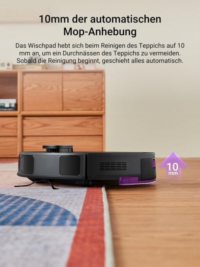 EUREKA E10s DE Saug- & Wischroboter + beutelloser Multi-Zyklon-Absaugstation (4000Pa, auto Teppicherkennung & auto Mop Lifting, LiDAR-Navigation, ideal gegen Tierhaare, App- & Sprachsteuerung) schwarz