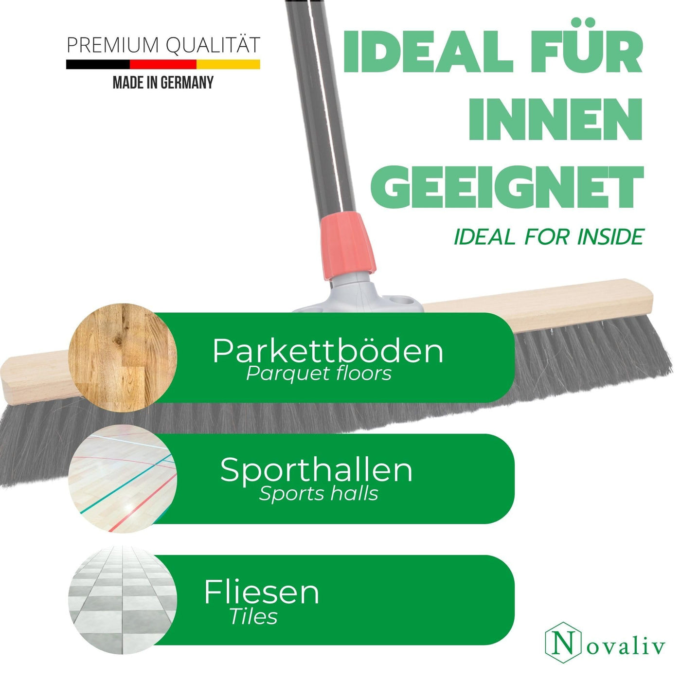 Novaliv Großer Besen Saalbesen 100 cm mit Stiel Borsten Kunstborsten Besen fein mit stiel Ideal als Werkstattbesen Hallenbesen Industriebesen Hausbesen Kehrbesen Zimmerbesen Haarbesen Besen groß