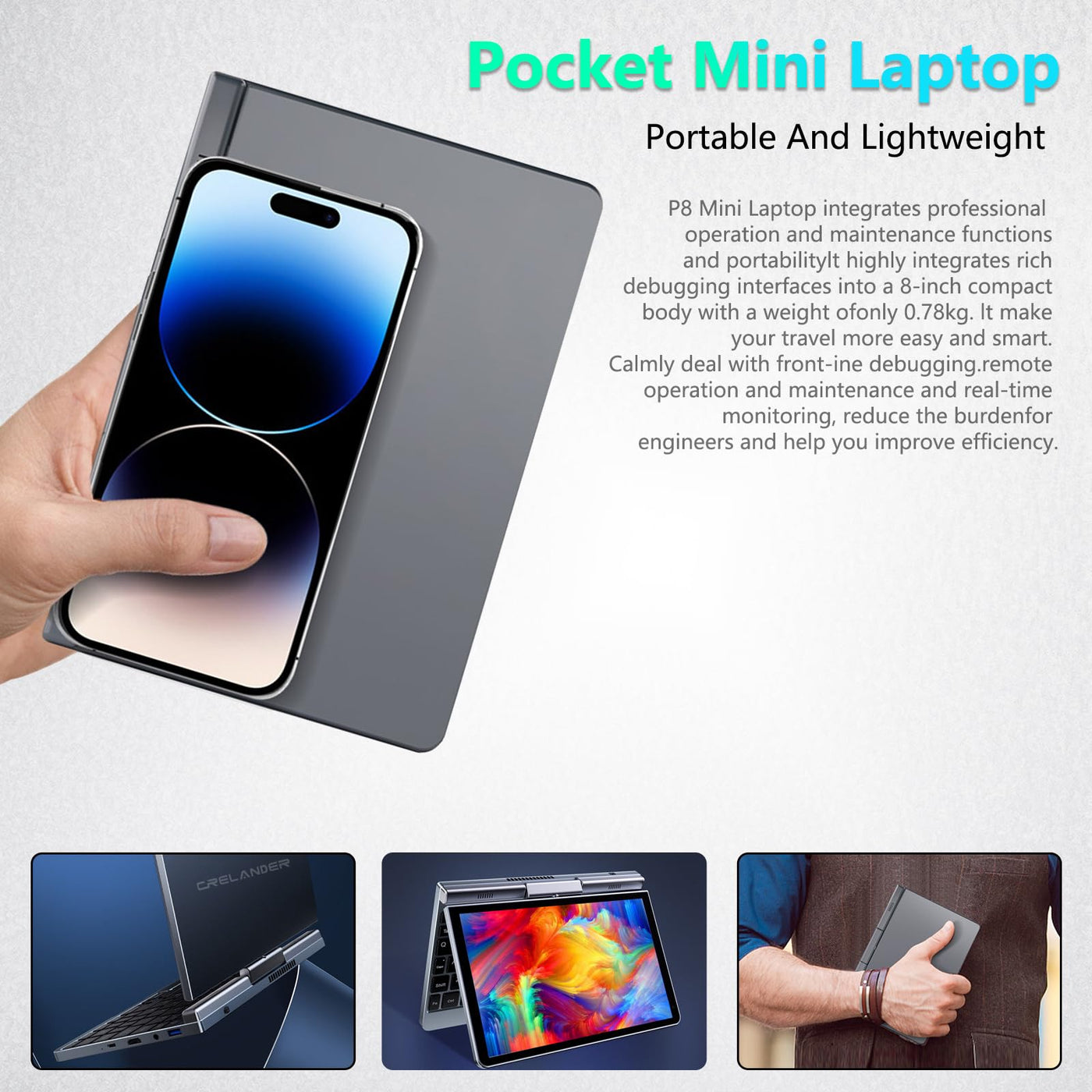 Crelander 2-in-1-Mini-Laptop | 8-Zoll-Touchscreen tragbarer kleiner Taschencomputer | Intel N100 Prozessor der 12. Generation | 12 GB DDR5 RAM 1 TB SSD | PD 30 W Aufladung | WiFi6 BT5.2 | Tastatur mit