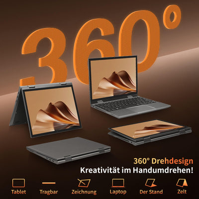 LONGEVINCE Mini Laptop, 10,95 Zoll Ultrabook Laptop, 2000 * 1200 Touch Display, Celeron N95 (bis zu 3,4 GHz),16 GB DDR5 RAM,Convertible,QWERTZ Tastatur,Windows 11,2X Type-C,BT 5.0 (Grau, 16G+960G)