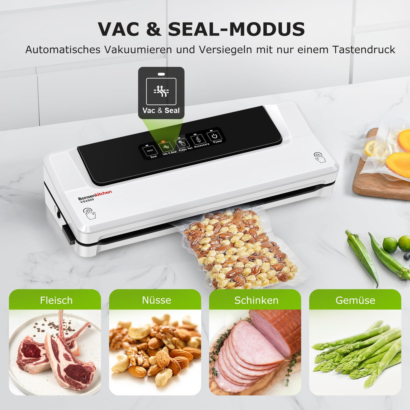 Bonsenkitchen Vakuumiergerät, Vakuumierer Folienschweißgerät für Sous Vide Kochen und Lebensmittel Bleiben bis zu 6x Länger Frisch, 40 Vakuumbeutel Inklusive (Sliber)
