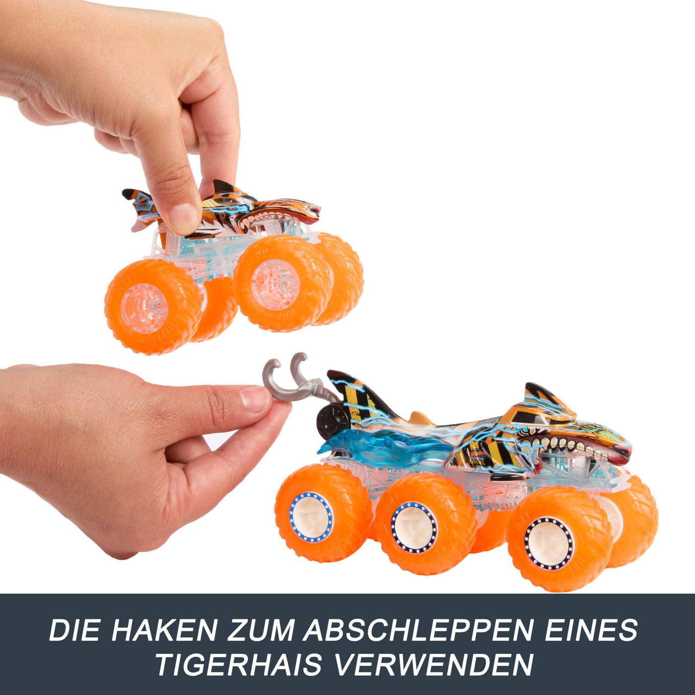 Hot Wheels Monster Trucks Spielzeugtruck & Big Rig Multipack, Mega-Wrex & Tigerhai im Maßstab 1:64 mit Big Rigs in passender Power Smashers-Deko, HYJ29