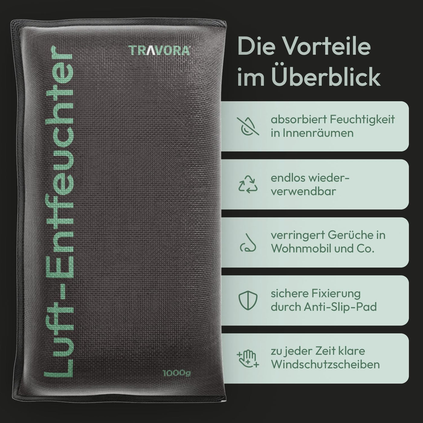 TRAVORA Luftentfeuchter Kissen 2x 1 kg mit Anti-Rutsch Pad - Entfeuchter - wiederverwendbar - Auto Innenraum - extra groß, Schwarz