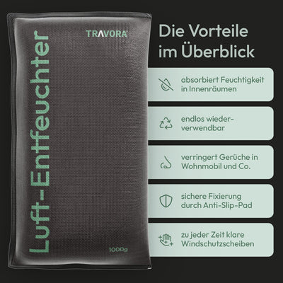 TRAVORA Luftentfeuchter Kissen 2x 1 kg mit Anti-Rutsch Pad - Entfeuchter - wiederverwendbar - Auto Innenraum - extra groß, Schwarz