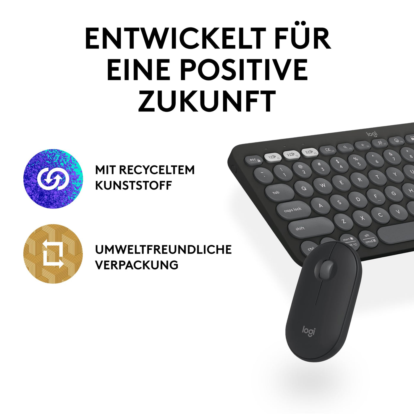 Logitech Pebble 2 Combo, kabellose Tastatur und Maus, leise und mobil, anpassbar, Logi Bolt, Bluetooth, Easy-Switch für Windows, macOS, iPadOS, Chrome, Deutsches QWERTZ-Layout, Grafit