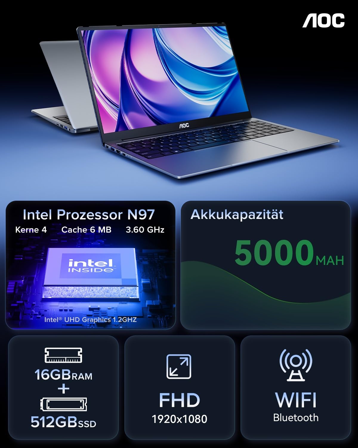 AOC Laptop,Alder Lake N97,Up to 3.6GHz,16 GB DDR4,512 GB SSD(Unterstützt Erweiterung 2 TB),Büro Notebook Computer,Metall gehäuse,180°-Faltung,HDMI,WiFi