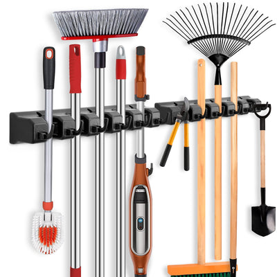 ibell 2 Stück Besenhalterung Wand, Gerätehalter Wandhalterung mit 10 Halter und 12 Haken, Besenhalter Werkzeughalter Gartengerätehalter Organizer für Zuhause Küche Badezimmer Garage Garten