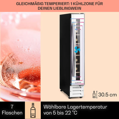 Klarstein Weinkühlschrank, 1 Zonen Getränkekühlschrank, Kleiner Einbau-Weinschrank Schmal, 20L Wein-Kühlschrank mit Glastür, Indoor/Outdoor Flaschenkühlschrank, Wine Fridge 5-22°C, 7 Flaschen