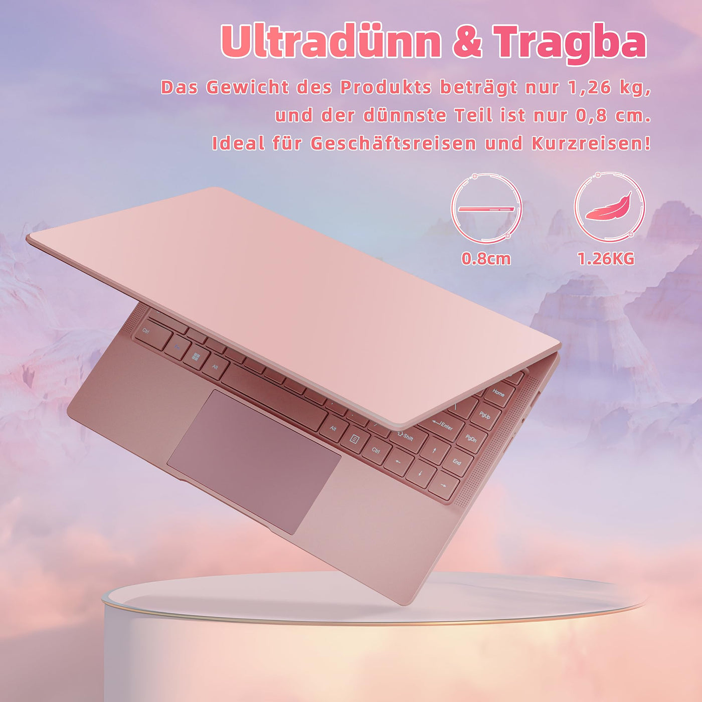 Fsjun 14 Zoll Laptop Roségold, FHD Display, 4 Kern Prozessor Celeron J4105, 8GB DDR4 RAM, 512GB SSD, Webcam, WiFi, USB 3.0 x2, Mini-HDMI, Ultra-dünn, Notebook für Anfänger, DE Tastaturschutz