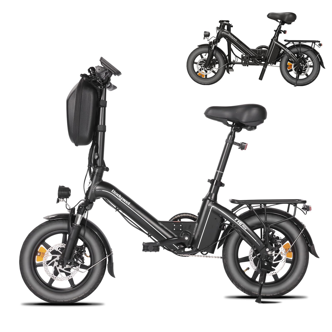 Bodywel T16PRO Mini E Bike 14 Zoll faltbar Elektrofahrrad 250W 36V/7.8Ah Akku mit APP Funk für Herren Damen,Reichweite Max 45 km (Schwarz+Rückpacktrager)