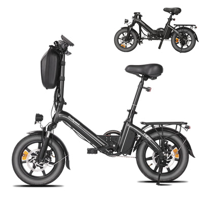 Bodywel T16PRO Mini E Bike 14 Zoll faltbar Elektrofahrrad 250W 36V/7.8Ah Akku mit APP Funk für Herren Damen,Reichweite Max 45 km (Schwarz+Rückpacktrager)