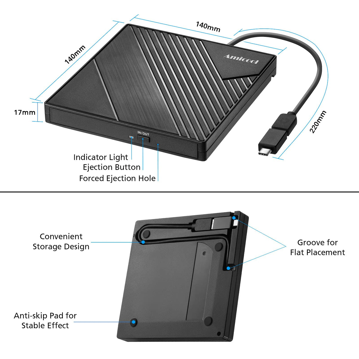 Amicool Externes DVD Laufwerk Extern USB 3.0 USB C CD Laufwerk für Laptop Desktop PC MacBook Externer DVD Brenner Windows 7/8.1/10/11 Linux Mac OS CD/DVD Player Tragbar +/-RW ROM Optisches Drive