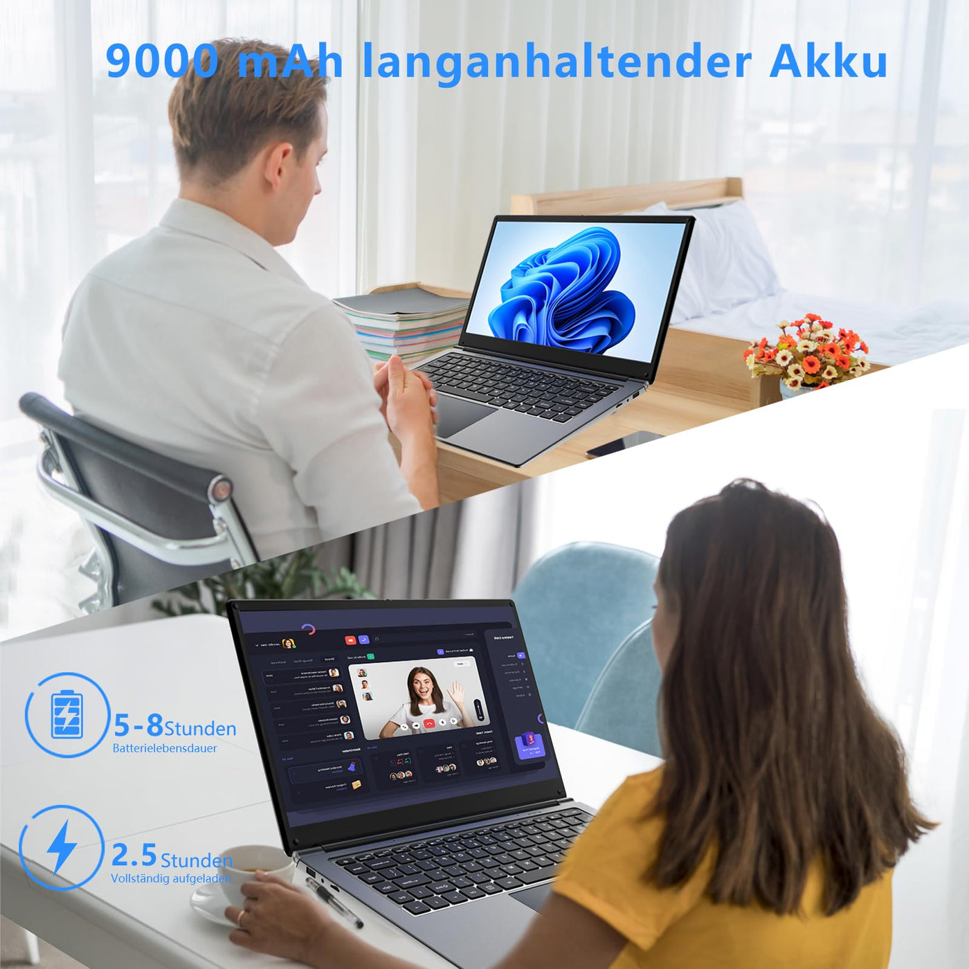 16-Zoll-Laptop, tragbarer Laptop mit 8GB DDR und 256GB SSD,erweiterbar auf 1 TB.Pentium-Quad-Core-Prozessor bis zu 2,64 GHz.9000-mAh-Akku.Mini-HDMI-Schnittstelle.Dualband-WLAN.Webcam.Schlanke Laptops