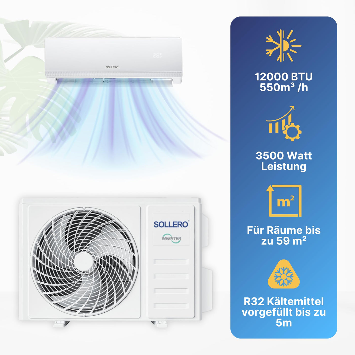 Sollero Split Klimaanlage 12000 BTU 3,5 kW, Selbstreinigung, leise, Smart Home, Inverter Klimaanlage mit Heizfunktion, R32 Kältemittel, Timer, bis 59 m²