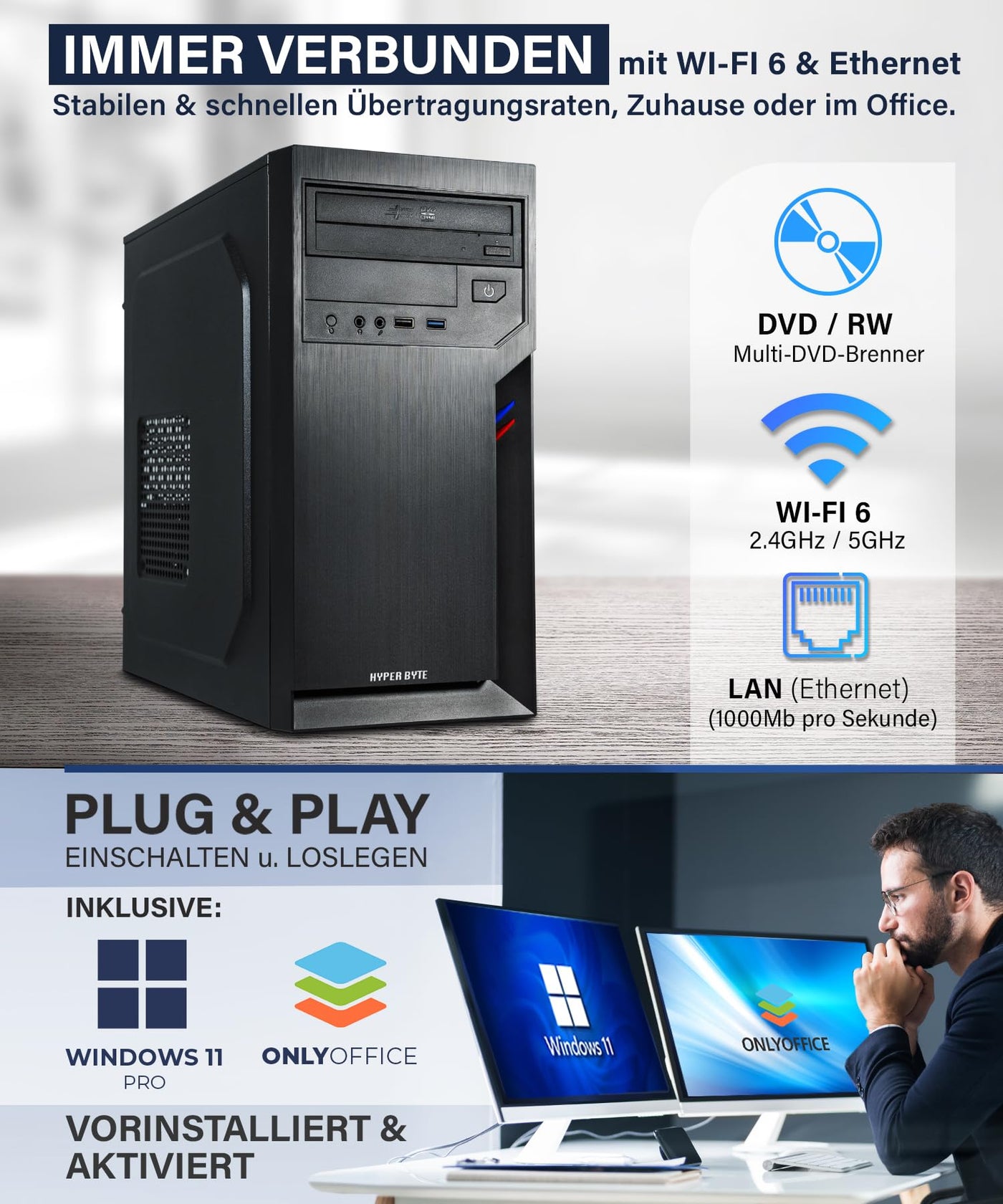 HYPER BYTE® Office PC – Computer mit Іntеl Quad Core i7 mit 3,9 GHz | 16 GB RAM | 512 GB SSD Festplatte | Win 11 Pro | WLAN | DVD+RW | USB 3.0 | High End Office Tower-Pc