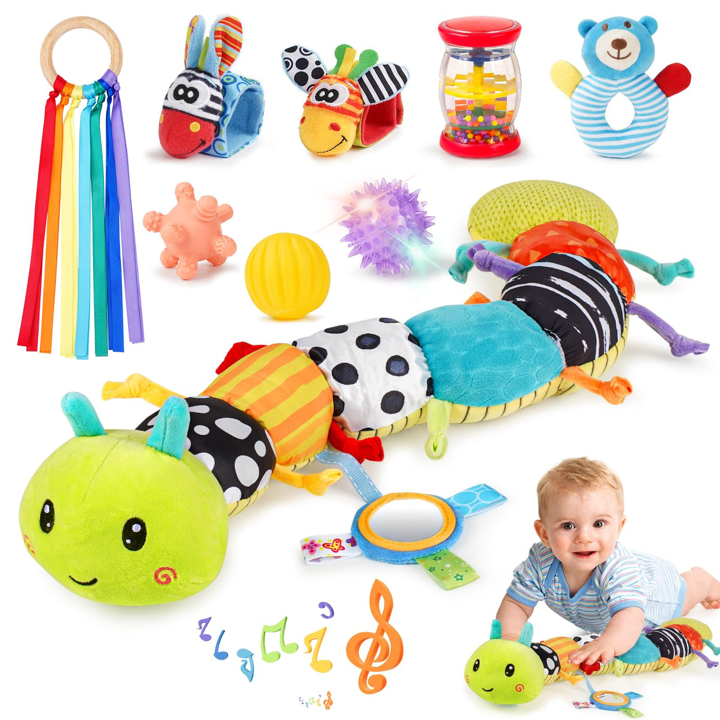 Joyreal Baby Spielzeug 0-6 Monate, 10-teiliges Set für Neugeborene Sensorikspielzeug, Baby Raupe Musikspielzeug, Rasseln, Bänder, Tummy Time Toys, Geschenk von 3, 6, 9 Monaten