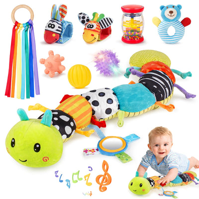 Joyreal Baby Spielzeug 0-6 Monate, 10-teiliges Set für Neugeborene Sensorikspielzeug, Baby Raupe Musikspielzeug, Rasseln, Bänder, Tummy Time Toys, Geschenk von 3, 6, 9 Monaten