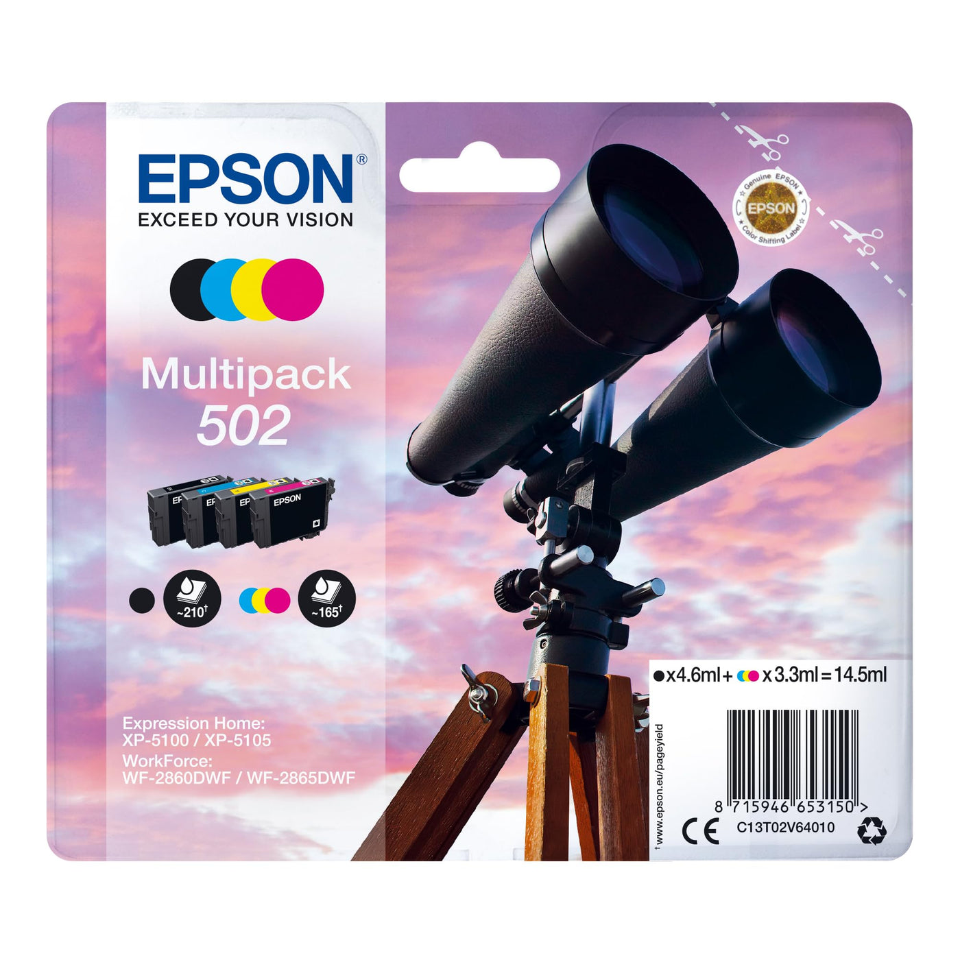 Epson Original 502 Tinte Fernglas Multipack 4-farbig Standard, XP-5100 XP-5105 XP-5150 XP-5155 WF-2860DWF WF-2865DWF WF-2880DWF WF-2885DWF, ReadyPrint Flex-Tintentarife
