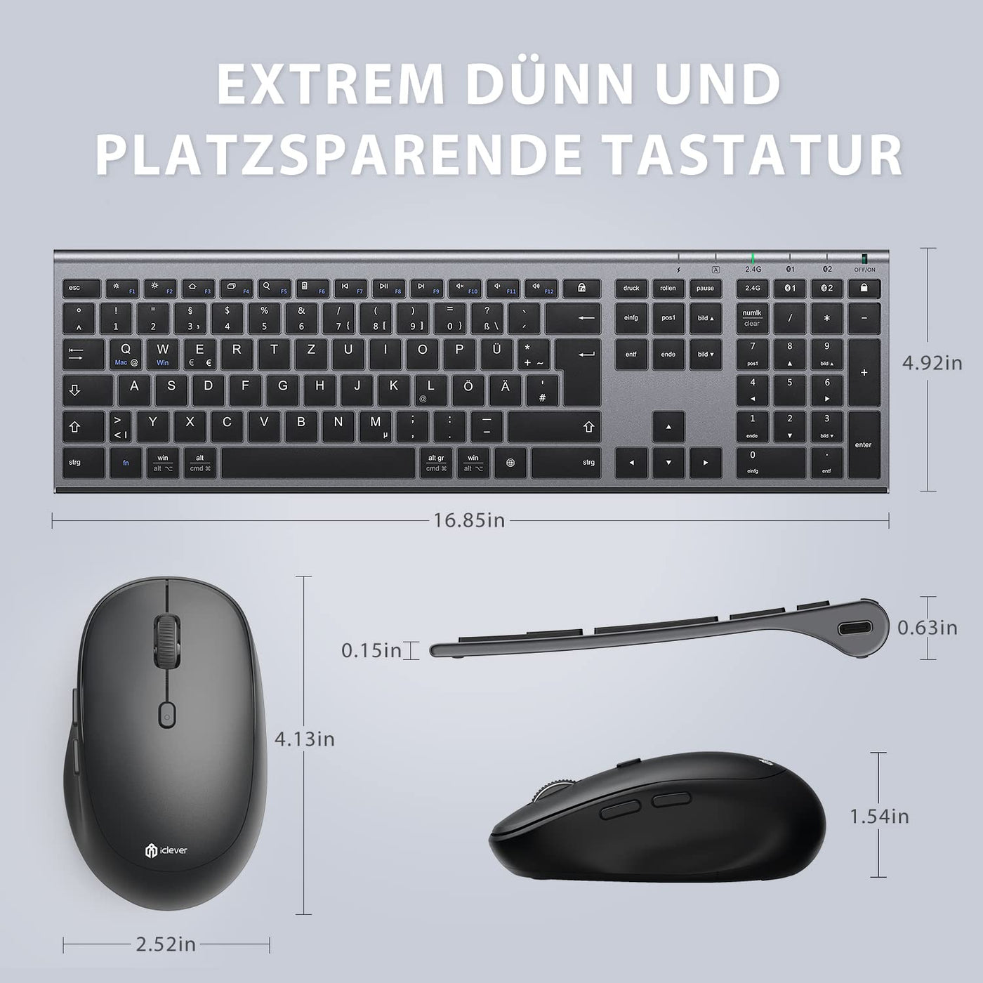 iClever Bluetooth Tastatur und Maus, Wiederaufladbare Dualmodus (Bluetooth 4.2+2.4G) Kabellose Tastatur Maus Set, Extrem-Dünne Multi-Funktionale für Mac, Andoid, Windows