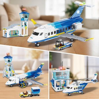 CUBIMANA City Passagierflugzeug Baukasten Set, 3 IN 1 Flugzeug Baukasten mit Terminal, Radarturm, Gepäckwagen Flugzeuge Modell Bausteine Spielzeug Geschenk für Jungen Mädchen Kinder 6 7 8 9+ Jahre alt