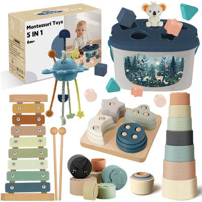 Almaxi Baby Spielzeug ab 6 Monate,5 in 1 Montessori Spielzeug Baby,Motorikspielzeug mit Formensortier- und Stapelspielzeug,Xylophon,Silikon Zugschnur Spielzeug,Stapelbecher,Geschenk Junge Mädchen