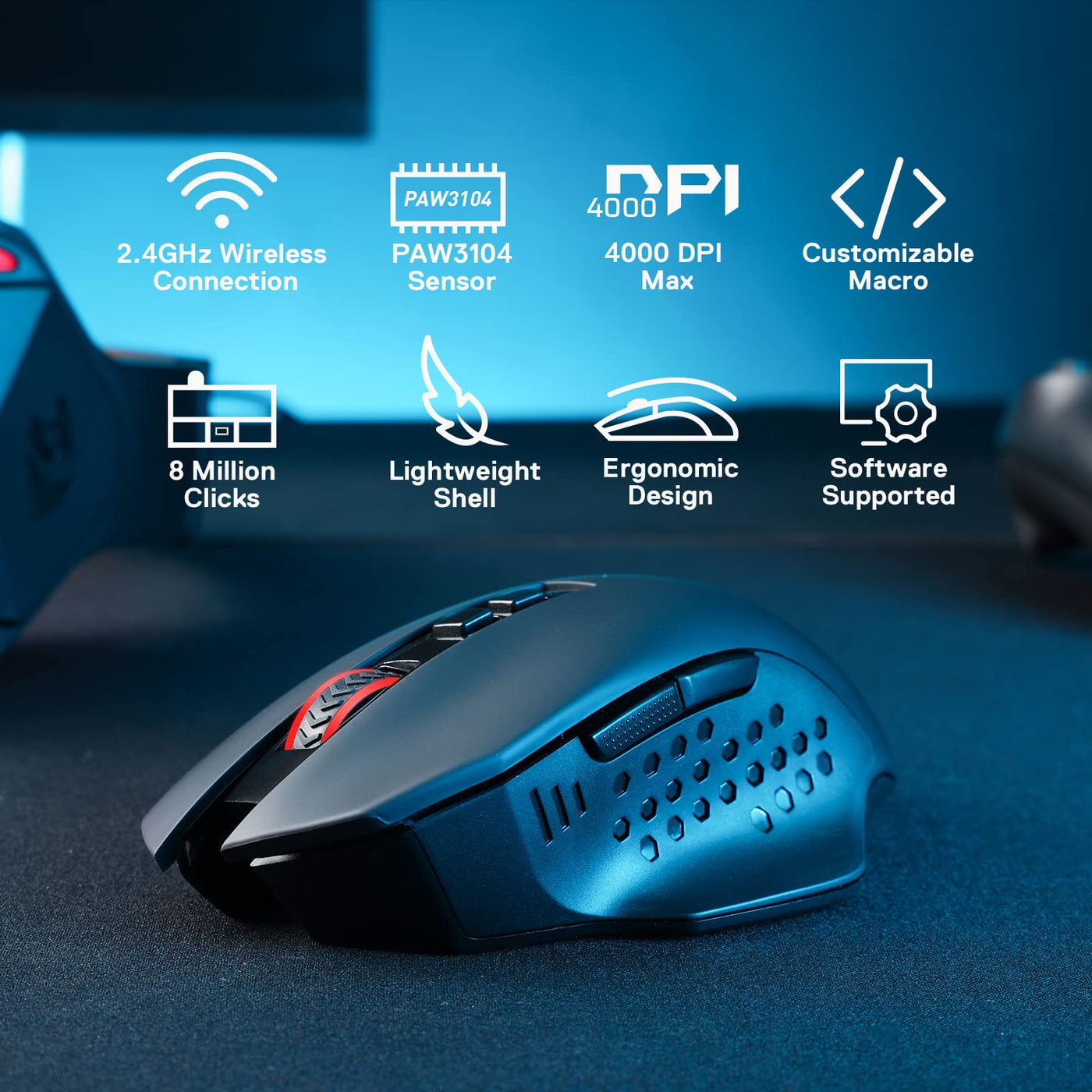 Redragon M656 Gainer Kabellose Gaming Maus, 4000 DPI 2.4Ghz Maus mit 5 DPI Stufen, 7 Makrotasten, rote LED Hintergrundbeleuchtung & Pro Software/Laufwerk unterstützt, für PC/Mac/Laptop
