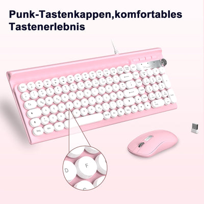 Tastatur Maus Set,RaceGT Tastatur Rosa Retro Schreibmaschine Tastatur Bunt Maus und Tastatur mit Handyhalterung Tastaturen Tastatur Kabel Keyboard für PC Mac Computer Laptop QWERTZ Deutsch