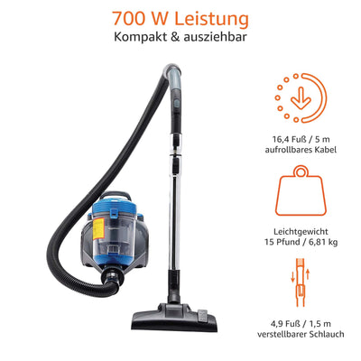 Amazon Basics Zylinder-Staubsauger, leistungsstark, kompakt und leicht, ohne Beutel, für Hart- und Teppichböden, HEPA-Filter, 700 W, 2.0 L, EU, Schwarz/Blau