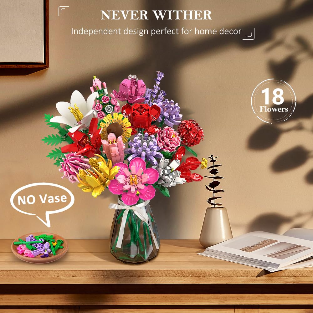 HOGOKIDS Blumen Bauset für Mädchen ab 8+ Jahren - 18 Blume Blumenstrauß Bausteine, 1464 Teilige Kunstblumen Pflanzen Bausatz, Botanik Kollektion Haushalt Deko, Kreatives Geschenk für Kinder Erwachsene