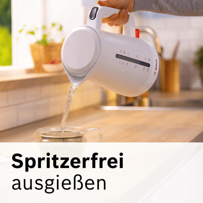 Bosch kabelloser Wasserkocher MyMoment TWK3M121, Abschaltautomatik, Überhitzungsschutz, Tassenanzeige, beidseitige Wasserstandsanzeige, entnehmbarer Kalkfilter, 1,7 L, 2400 W, Weiß matt