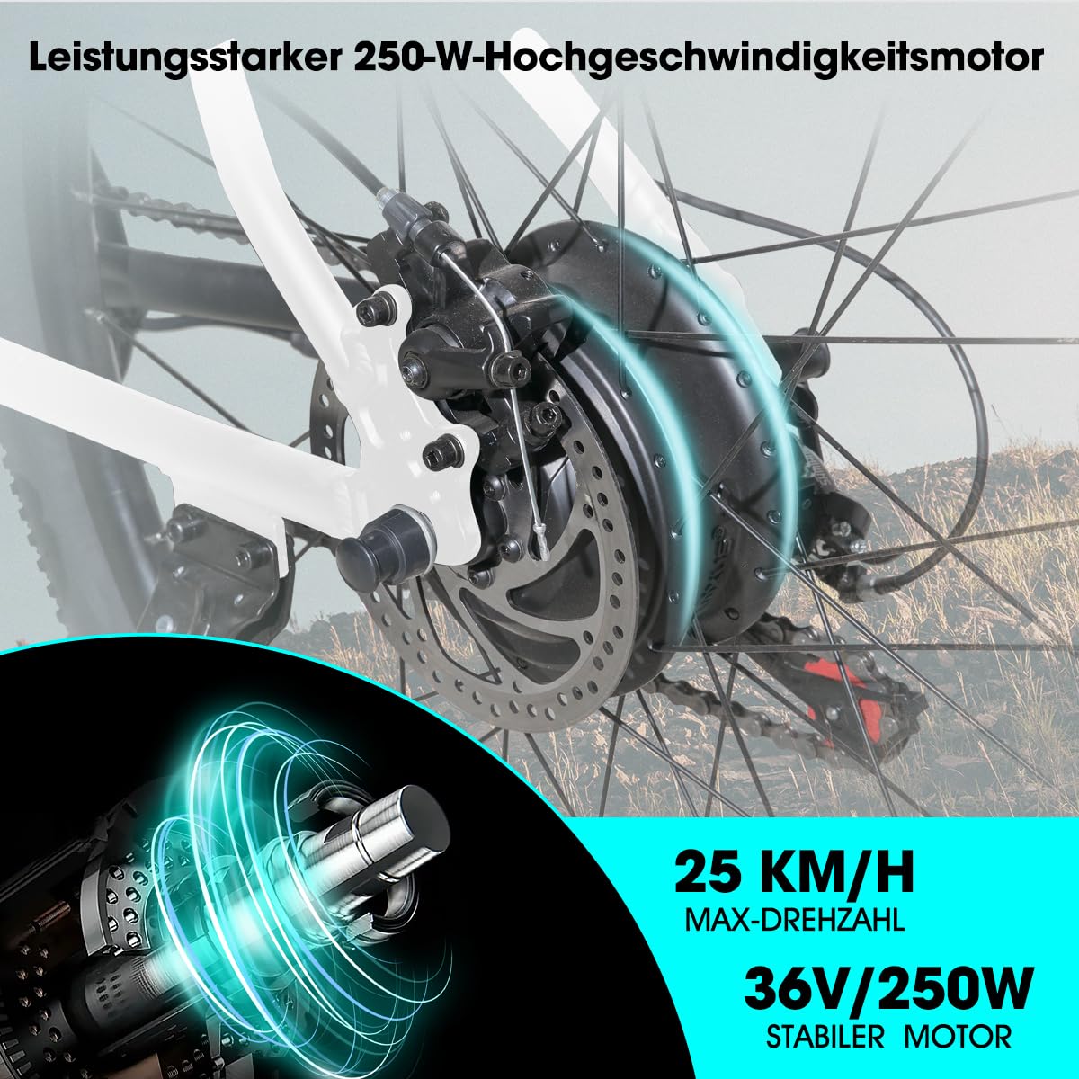 Hiland 26 Zoll Elektrofahrrad, 7 Gang 250W Motor E-Bike für Männer Frauen, Herren und Damen Elektro-Mountainbike mit Scheibenbremsen, 36V 7.8Ah Akku E-MTB, Weiß