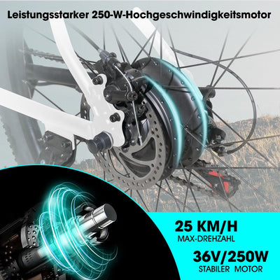 Hiland 26 Zoll Elektrofahrrad, 7 Gang 250W Motor E-Bike für Männer Frauen, Herren und Damen Elektro-Mountainbike mit Scheibenbremsen, 36V 7.8Ah Akku E-MTB, Weiß