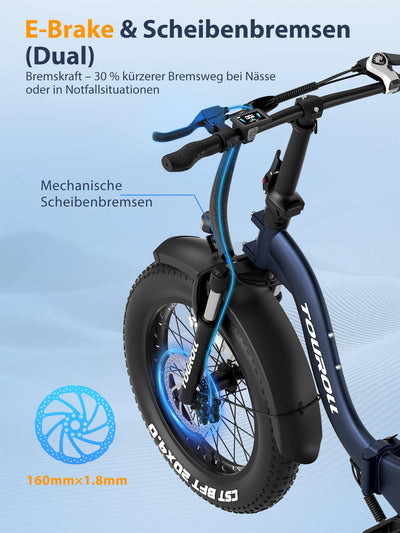 Touroll S2 E-Bike Klapprad Elektrofahrrad mit 20×4.0 Zoll Fat Tire, 48V 720Wh Akku für Lange Reichweite bis 120KM, 250W 55N.M Motor, 7-Gang-All-Terrain E-bike Herren Damen für MTB,Stadtpendler & Wildn