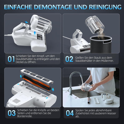 Milbensauger für Matratzen Milbenstaubsauger mit 253.7nm UV-C Licht 16Kpa Absaugung HEPA Filter Heißer Wind Funktion 40000 Rpm/Min Bürstenrolle Bett-Staubsauger Entfernt 99,9% Allergene 600W Weiß