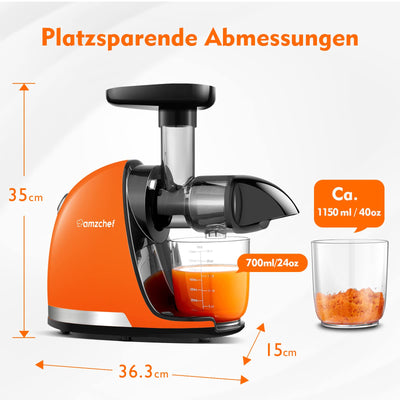 AMZCHEF Entsafter Gemüse und Obst Testsieger - Entsafter Slow Juicer mit Rückwärts-Kau-Funktion - Zartes Zerkleinern ohne Filtern - Saftpresse Elektrisch mit Bürste und 2 Tassen - Lebendiges Orange