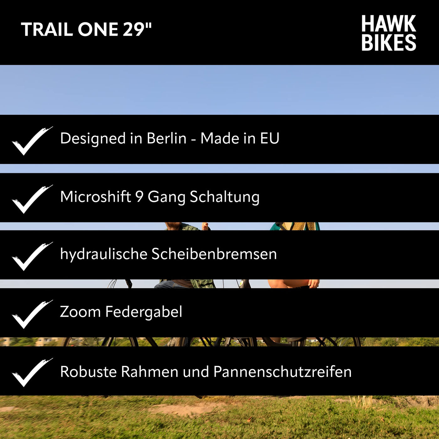 HAWK Trail One 29" Mountainbike XL Schwarz I Offroad Fahrrad mit Zoom Federgabel & Aluminiumrahmen I Mountainbike 29 Zoll, Microshift 9 Gang Schaltung